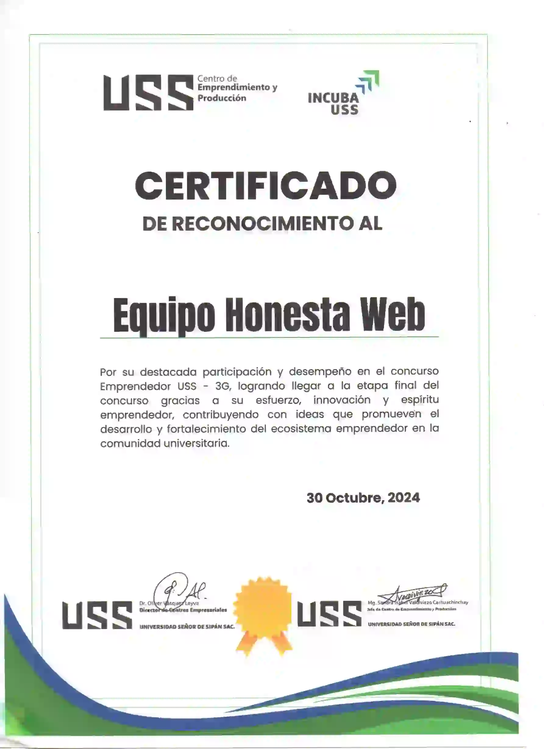 Reconocimiento Equipo Honesta Web en "Emprendedor USS - 3G"