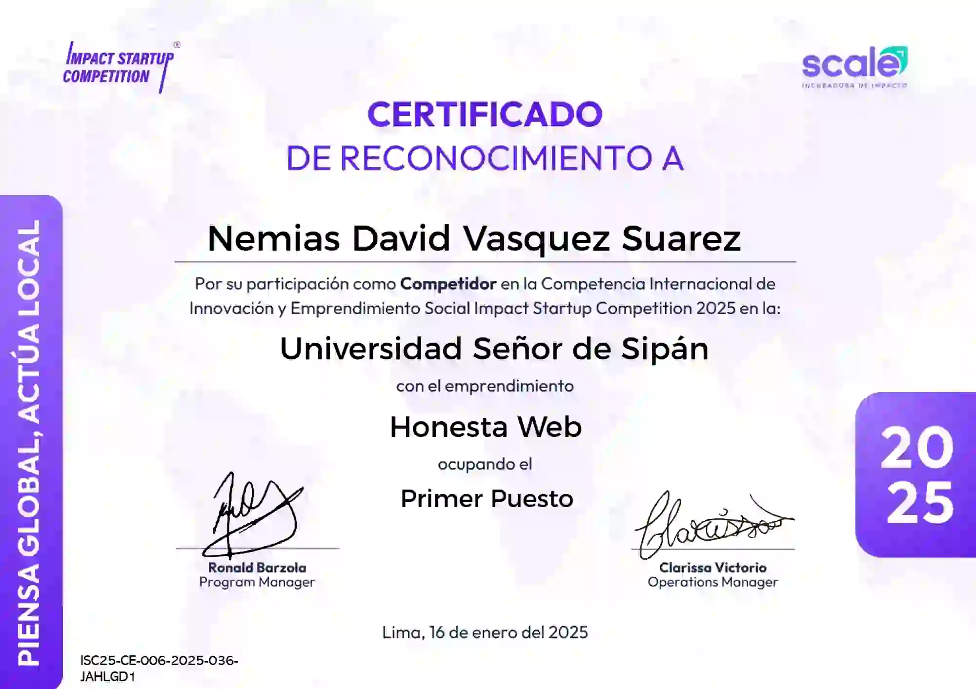 Primer Puesto Impact Startup Competition "Honesta Web"